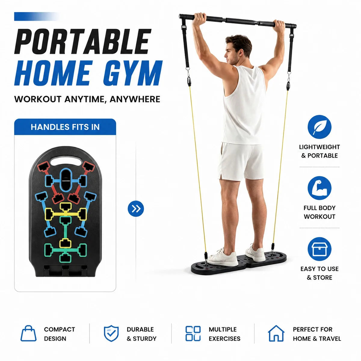 20 in 1 Portable Home Gym Workout Set Foldable Push Up Board with Resistance Bands Pilates Bar Ab Roller Hand Grip Trainer Full Body Fitness Equipment for Home Travel Exercise