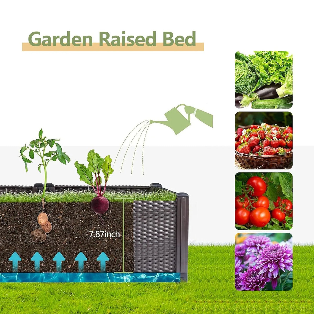 Self-Watering Raised Garden Bed – 160cm Large Plastic Planter Box with Deep Rectangular Rattan Design, Drainage Plug, Weather-Resistant for Outdoor & Indoor Vegetables, Flowers, Herbs, Patio, Balcony