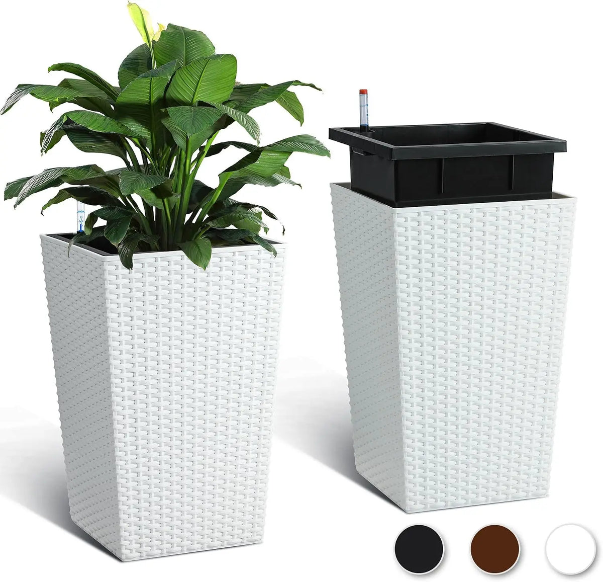 Tacleekii  16" Tall Plastic Rattan Planters 2 Pack Tall White Planters for Indoor with Includes 2 Matching Trays Built‑in Water Level Monitor and Smooth‑rolling Casters for Living Room Home Office