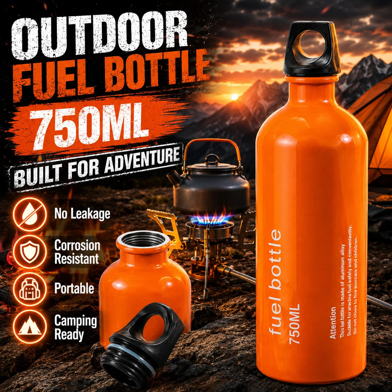 Aluminum Fuel Bottle 750ml Leakproof Portable for Camping and Hiking
