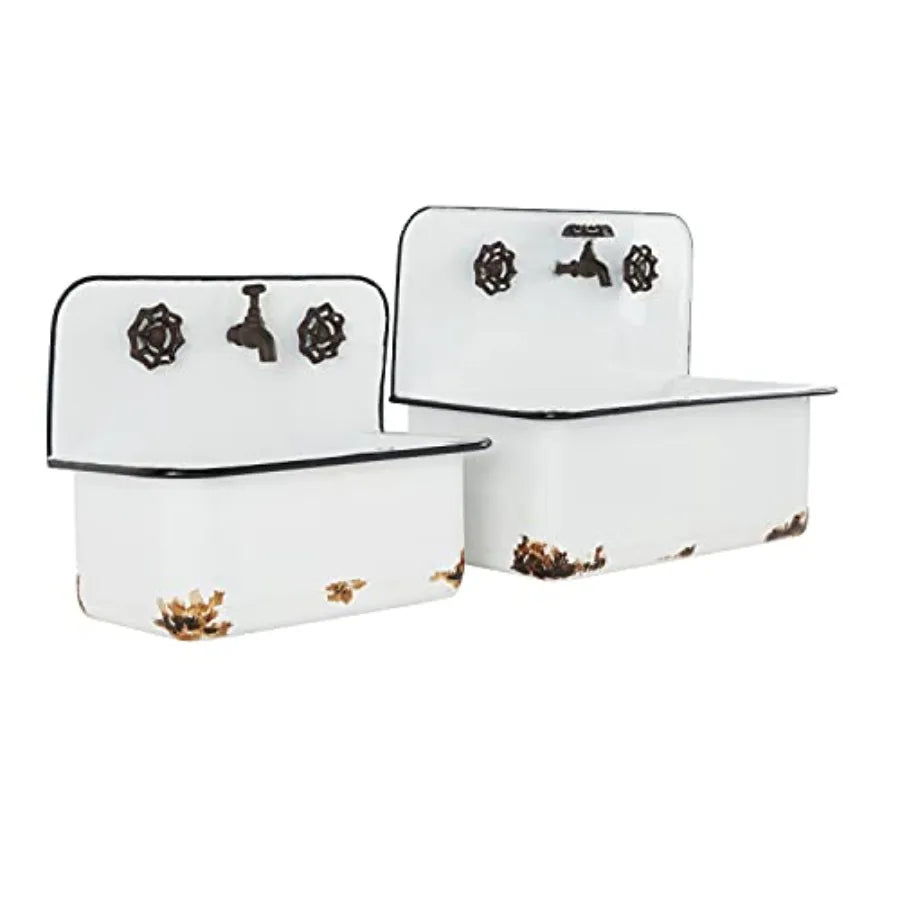 Indoor Outdoor Wall Planter Set Of 2, Metal With Bronze Hardware And Distressed Accents, White, 17 H X 13 W