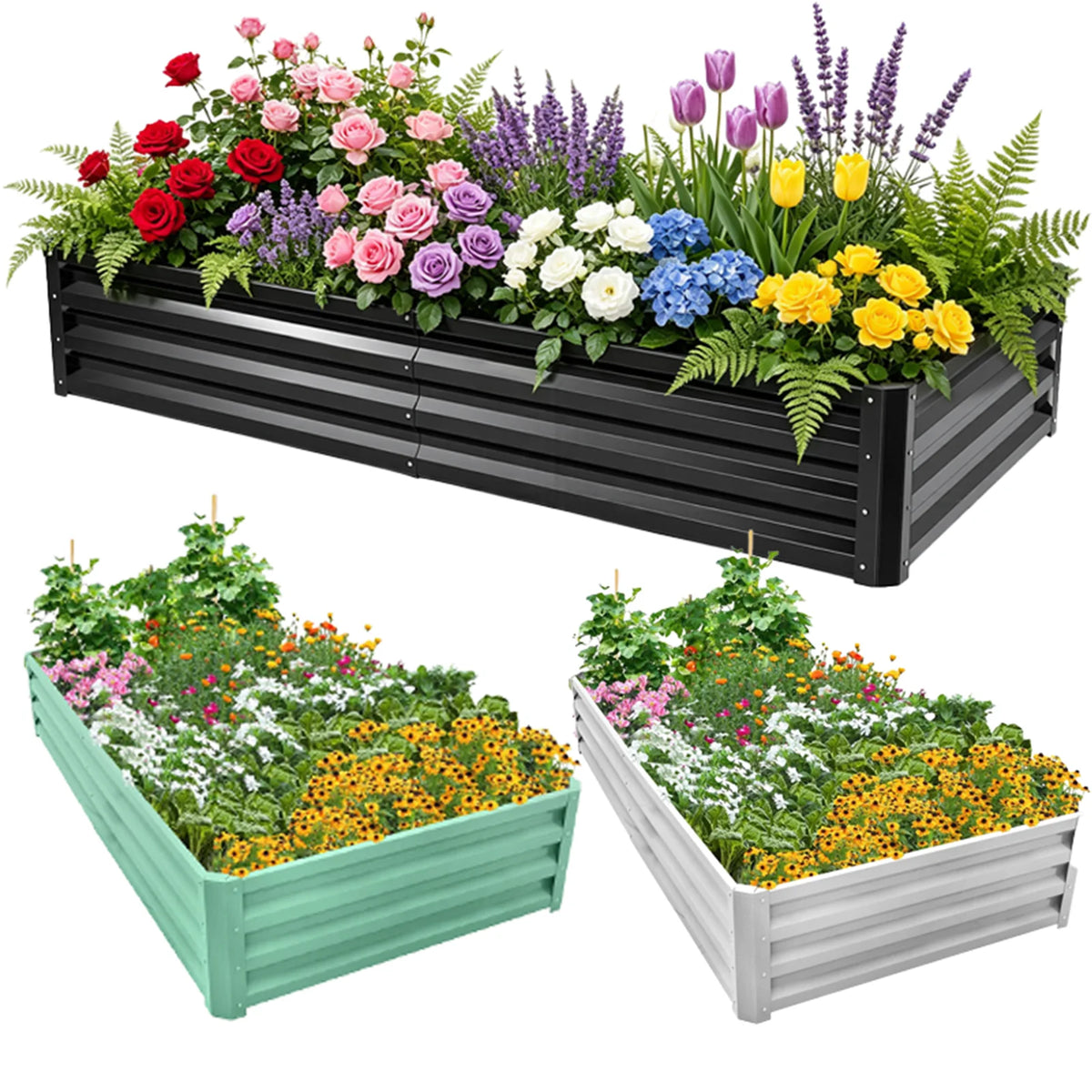6×3×1ft Galvanized Metal Raised Garden Bed, 2FT Deep Root Elevated Planter Box Steel Large Vegetable Flower Bed Kit Light Green Silver Black