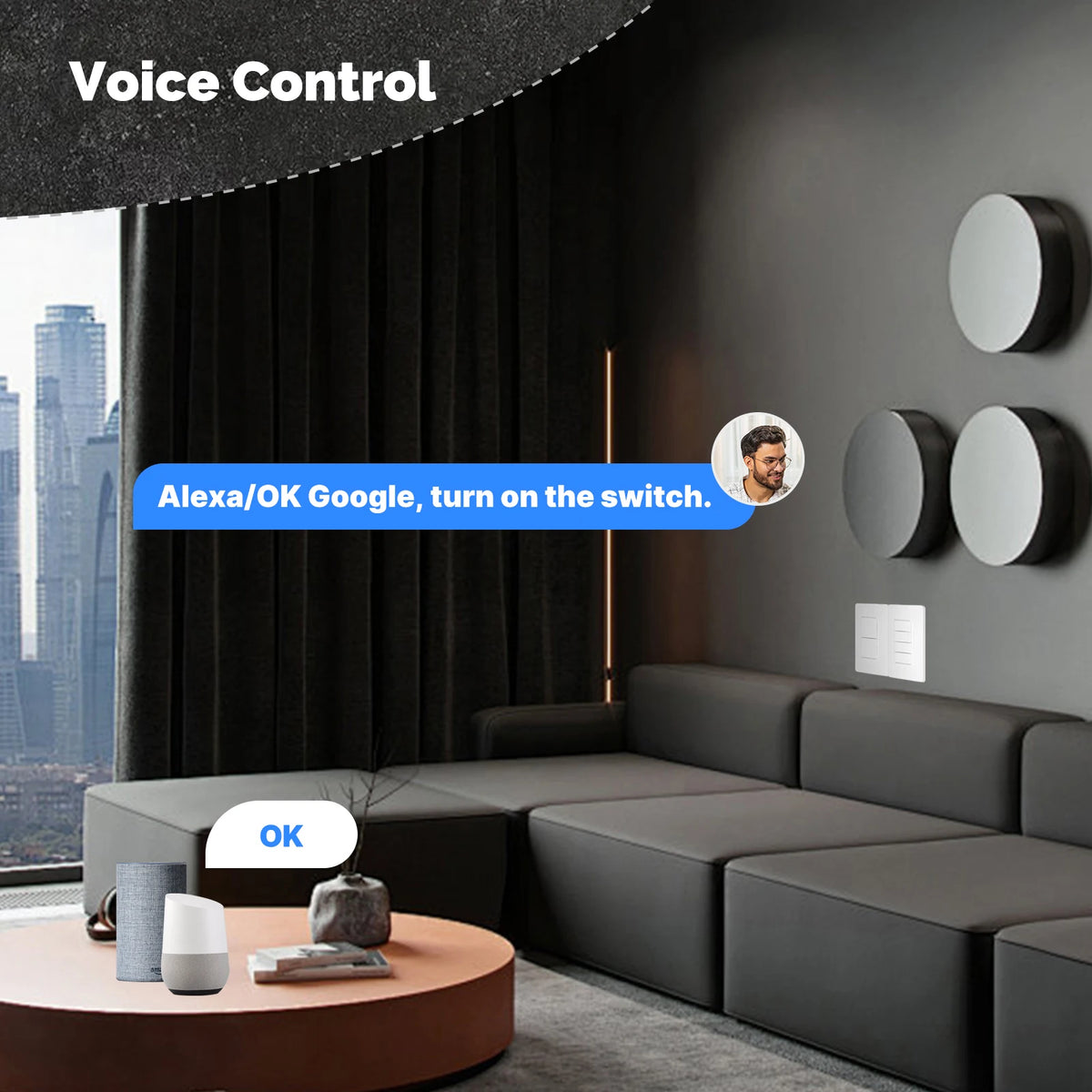 MOES Tuya Wi-Fi Smart Button Wall Switch (US Single-Live/Neutral Wire),Work with Alexa and Google Home,No Neutral Wire Required