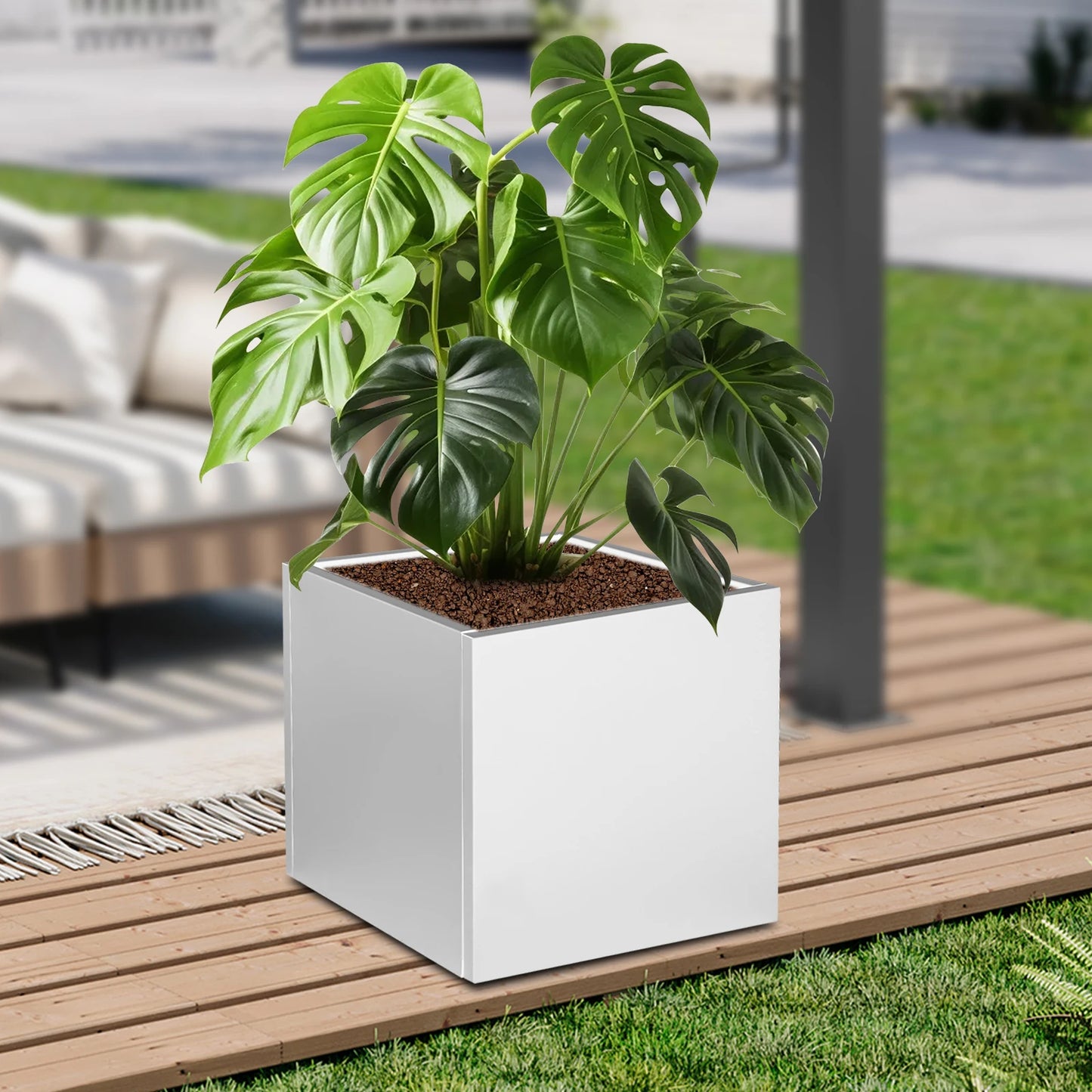 Steel Planter Box, 24x24x24" Raised Garden Bed with Pre-Drilled Hole, Decorative Outdoor Flower Pot for Yard Patio Balcony Plant