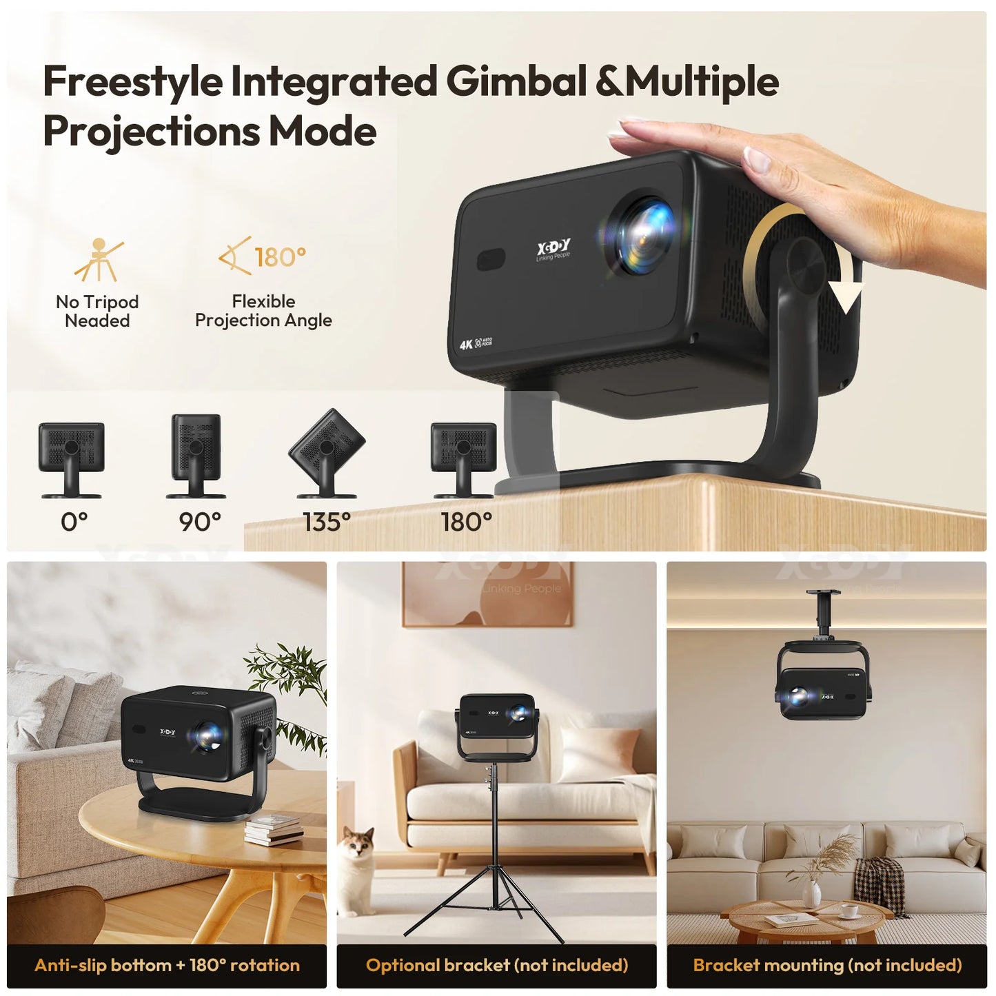 XGODY 4K Android Projector Keystone WiFi 6 BT FivePointFour