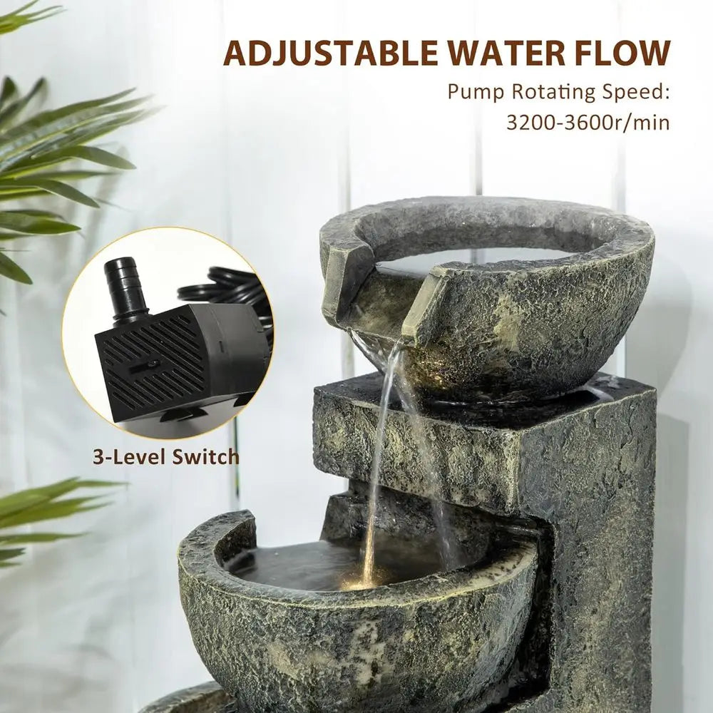 4-Tier Stone Bowl Waterfall with Cascading Water, Adjustable Flow & LED Lights, Ideal for Zen Gardens and Outdoor Spaces in Gray