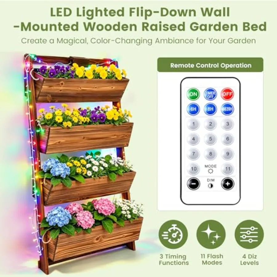 Outdoor Vertical Garden Planter For Herbs And Flowers, Wooden 4-Tier Wall-Leaning Design With Led Lights And Drainage, Natural