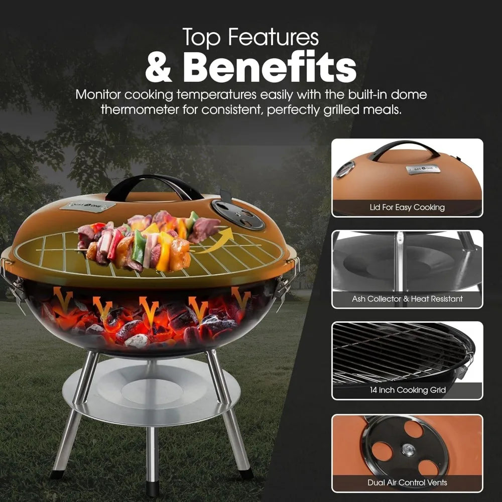 14" Portable Charcoal Grill w/Thermometer, 3-Lock Lid, Dual Vents, Compact for Backyard Camping Boat