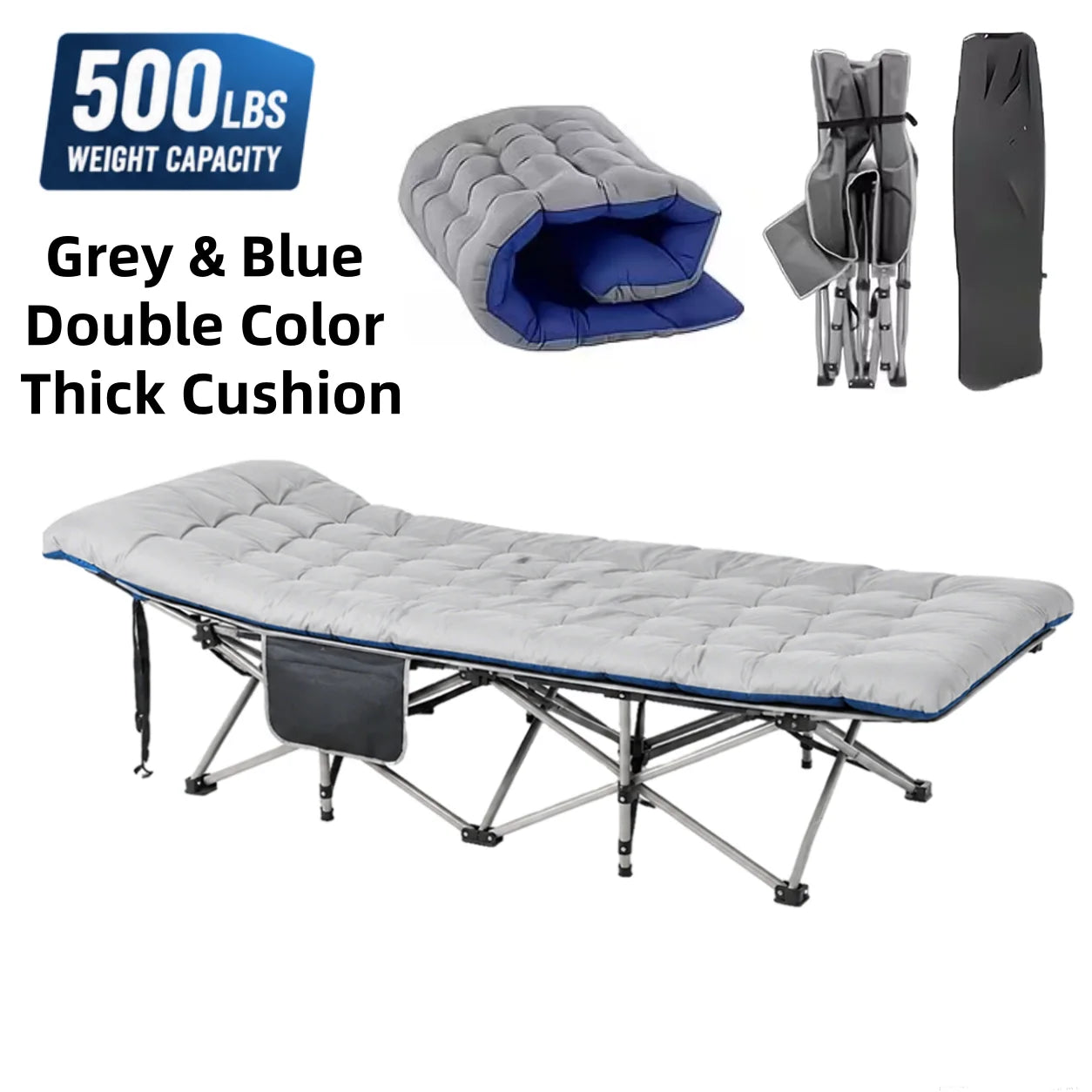 Portable Folding Camping Cot with Thick Mattress – Extra Wide Outdoor Bed with Side Pocket – No Assembly Needed, Heavy Duty Steel Frame for Tent, Hiking, Travel – Easy Carry Sleep System