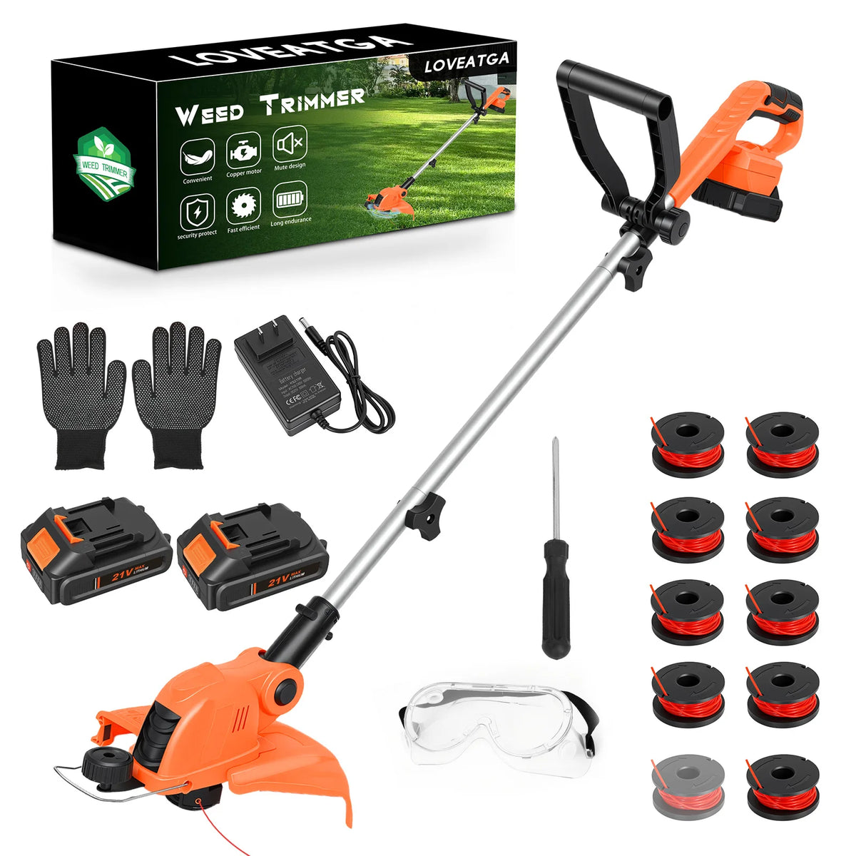3 In1 Cordless String Trimmer 12-Inch 90° Rotatable Electric Lawn Mower Lightweight Brushless 9650RPM 10 Spools 2x2.0Ah Batteries & Charger for Lawn Garden Power Tool