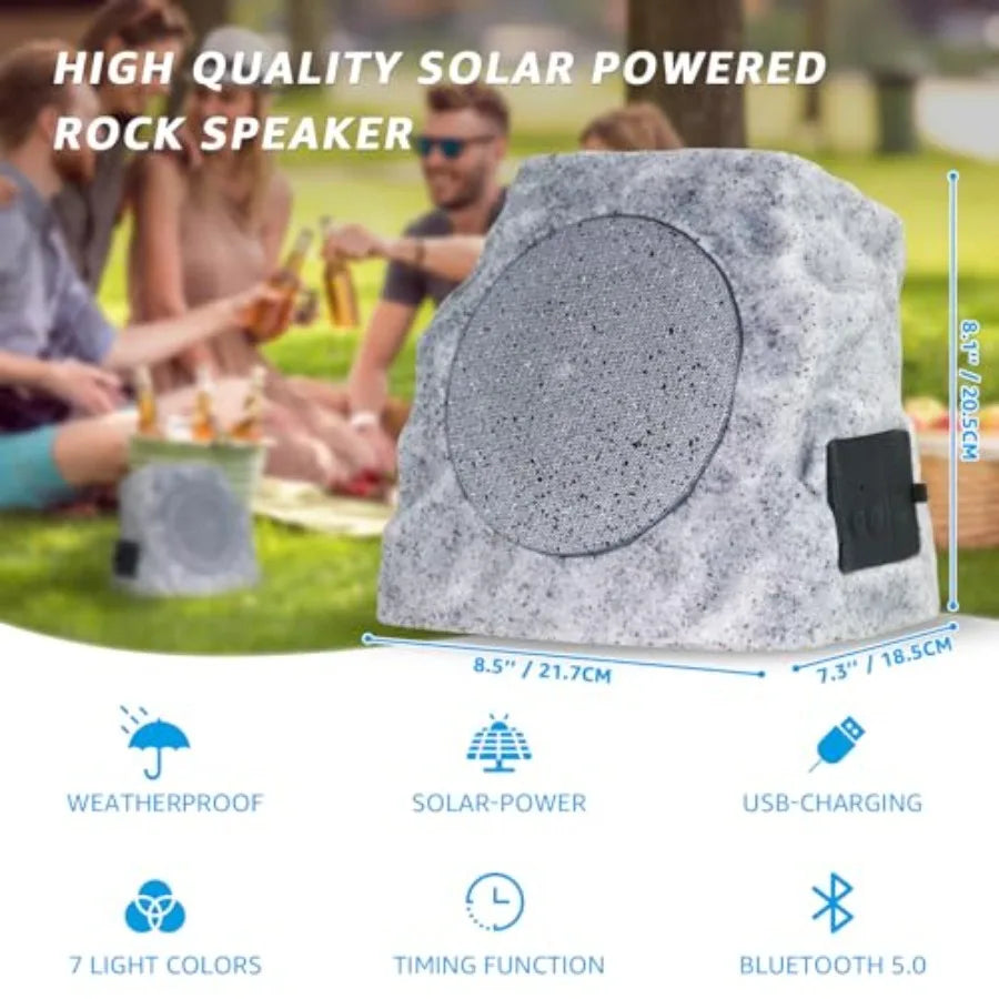 Solar Powered Rock Speakers Outdoor Water-Resistant with 3 Mode Lights and Pair Function USB Rechargeable for Patio Garden Part
