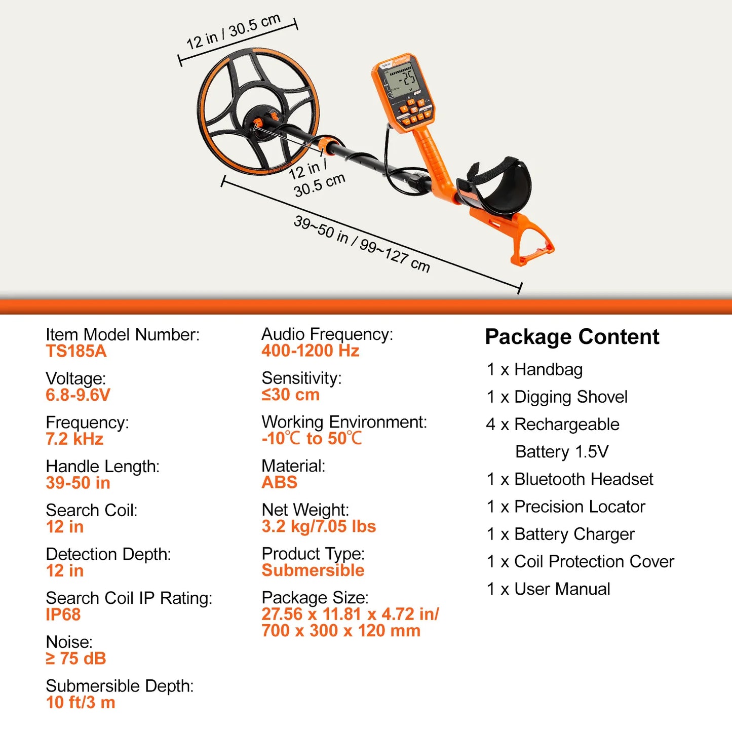 SucceBuy Professional Rechargeable Metal Detector 12" IP68 Waterproof Coil 39-50 in Adjustable + LCD 7Modes for Treasure Hunting