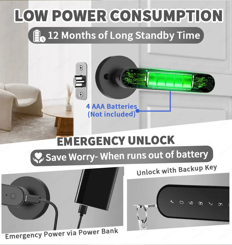 USA Standard Smart Lever Door Lock, Keyless Entry Fingerprint Handle Lock for Bedroom, Front Door & Apartment with Remote Passco