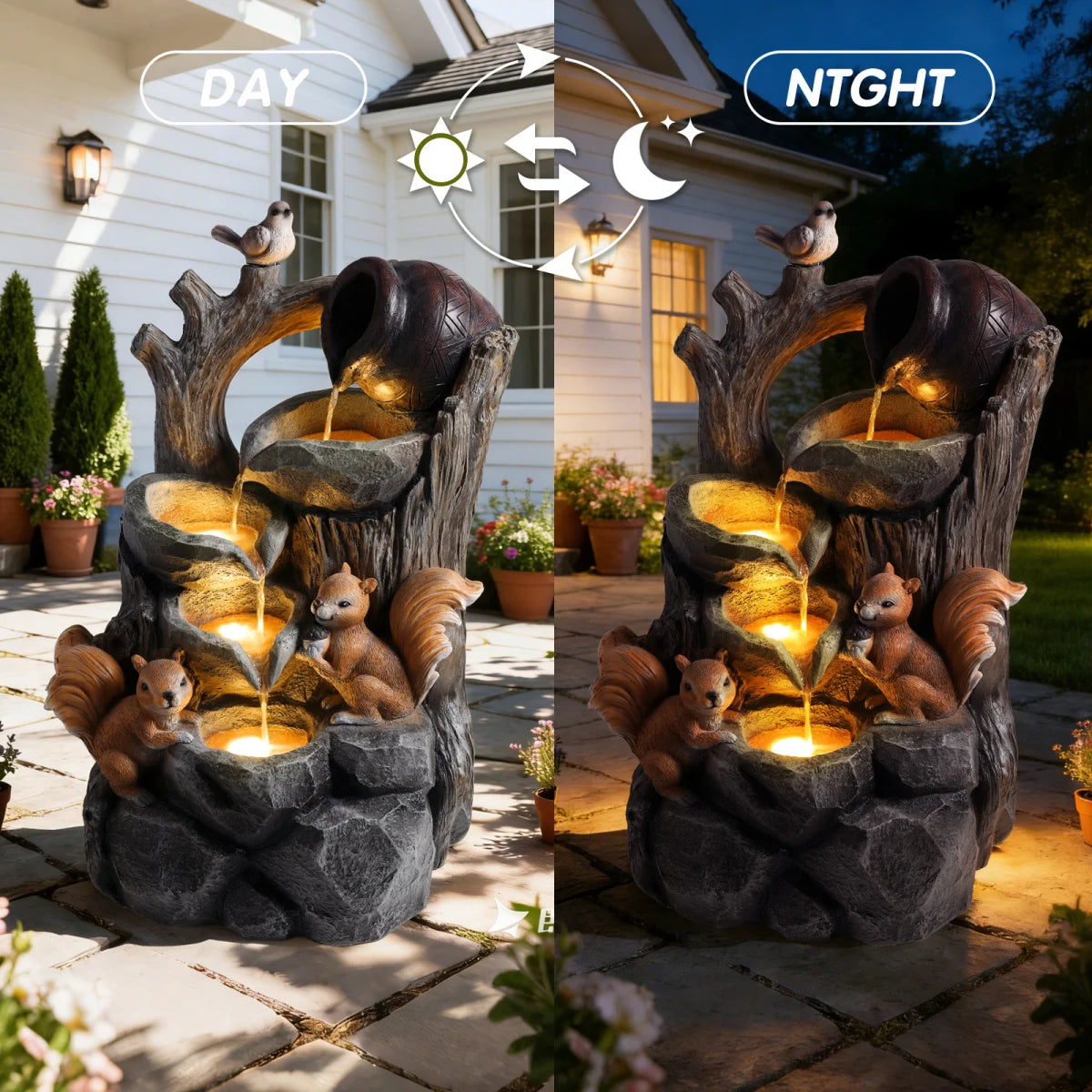Squirrel Outdoor Water Fountain with Lights Waterfall Garden Decor Resin Tree Stump Pouring Jug for Patio Yard Porch   WL RR