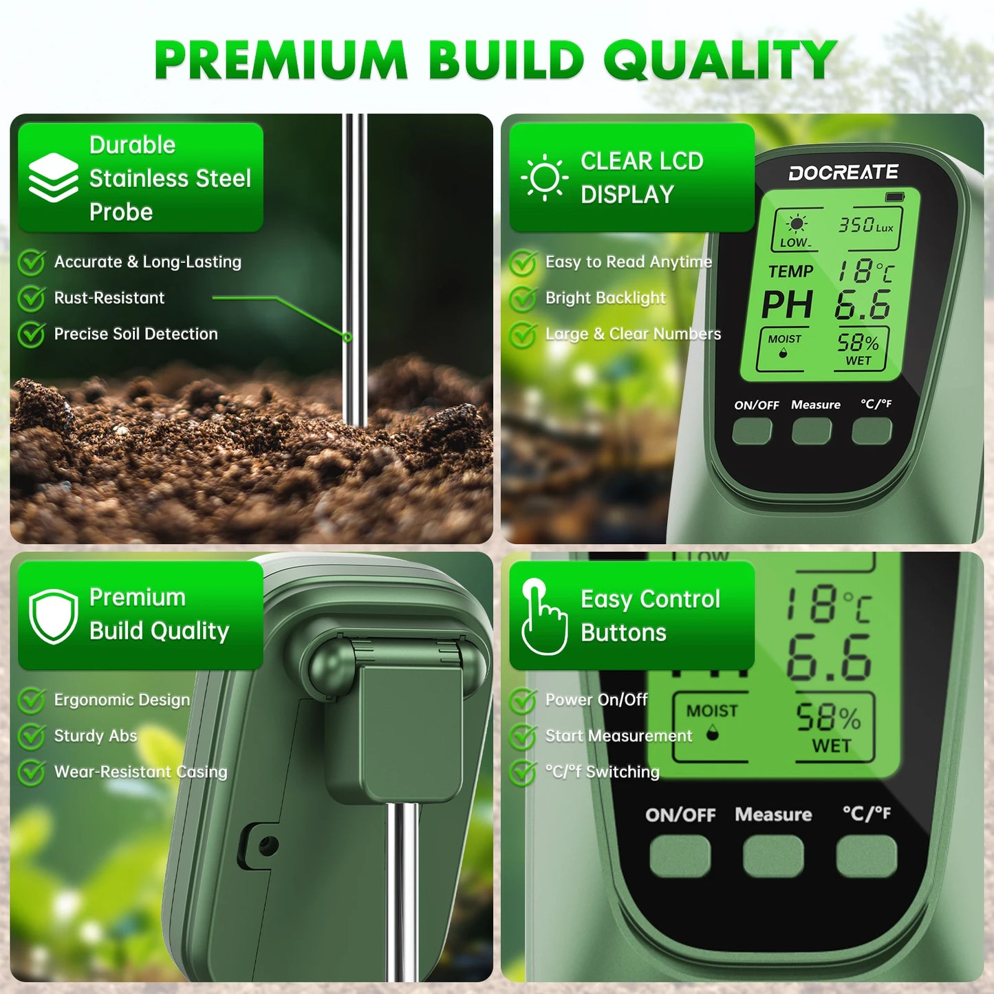 4 In 1 Soil Tester PH Moisture Temperature Light LCD