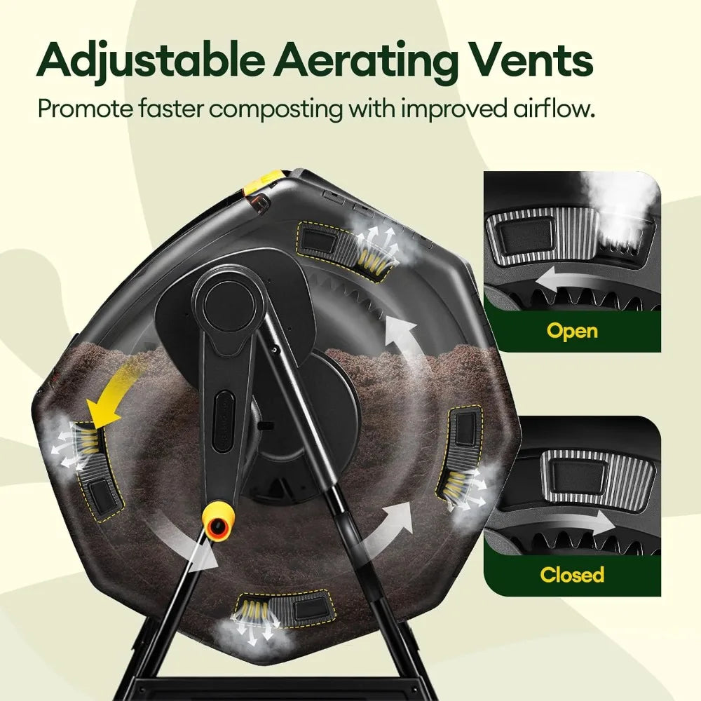 Dual Chamber Compost Tumbler With 360 Degree Rotation Sliding Doors