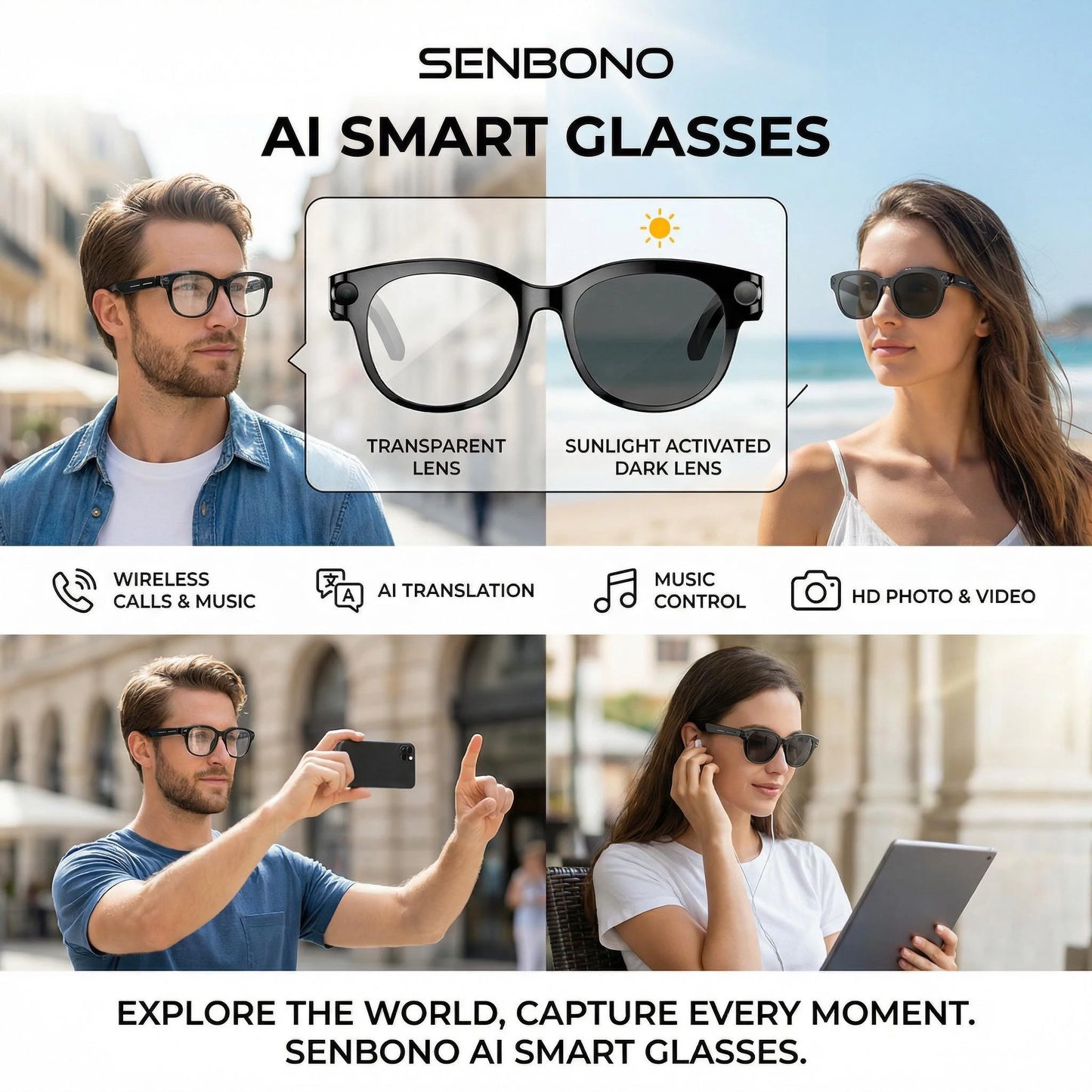 SENBONO AI Smart Glasses With Camera 1080P 4K Video Voice