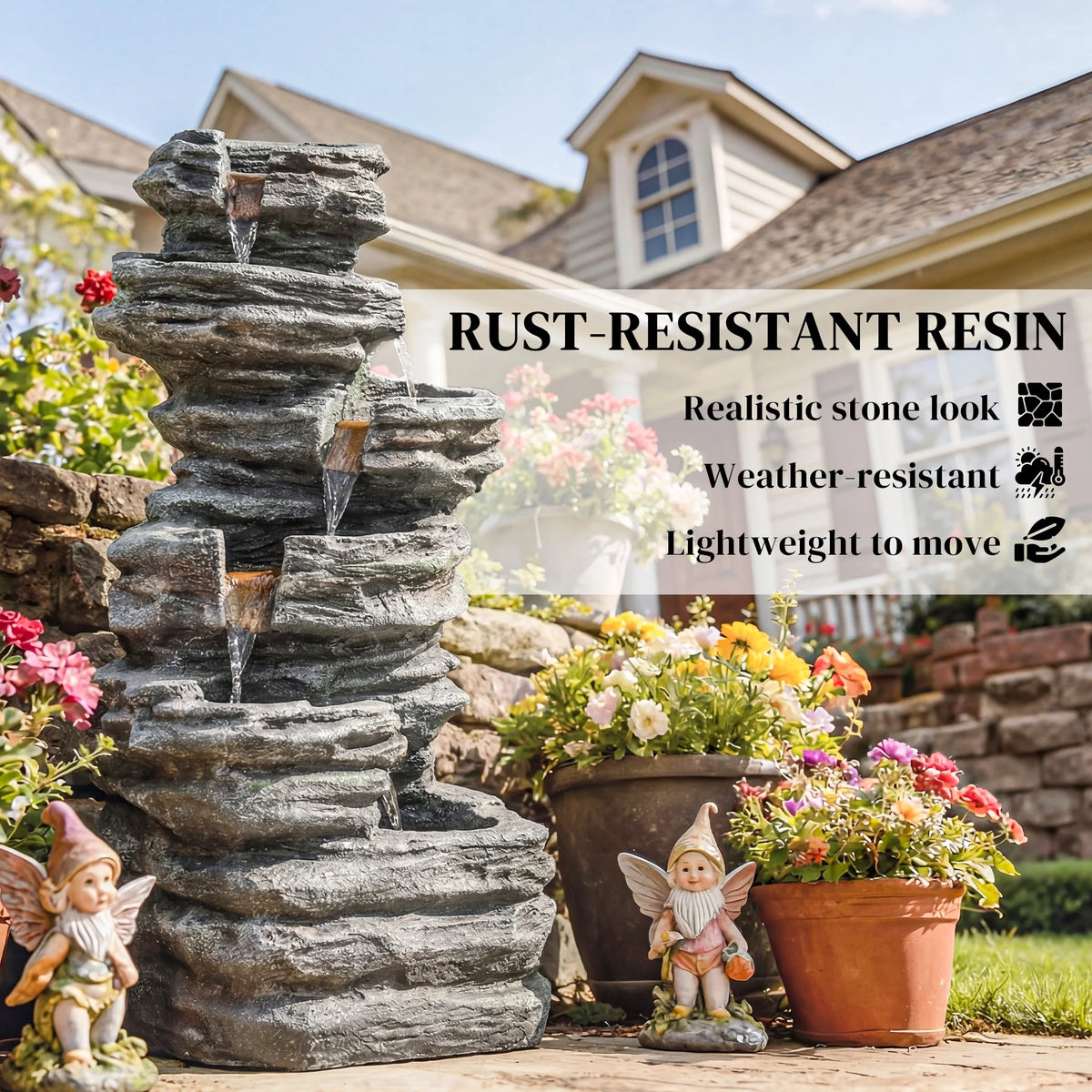 Outsunny Outdoor Fountain with Cascading Waterfall, 40", Gray