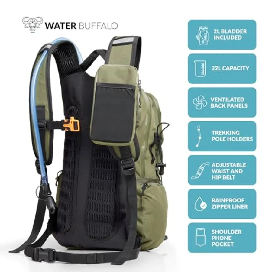 Hydration Backpack For Hiking 22L Water Bladder With Waterproof Zippers