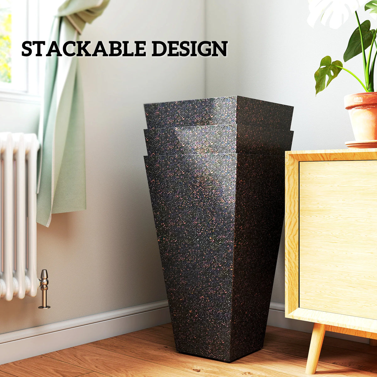 28" Tall Planters, Set of 3 Stackable Tapered Outdoor Planters, Brown