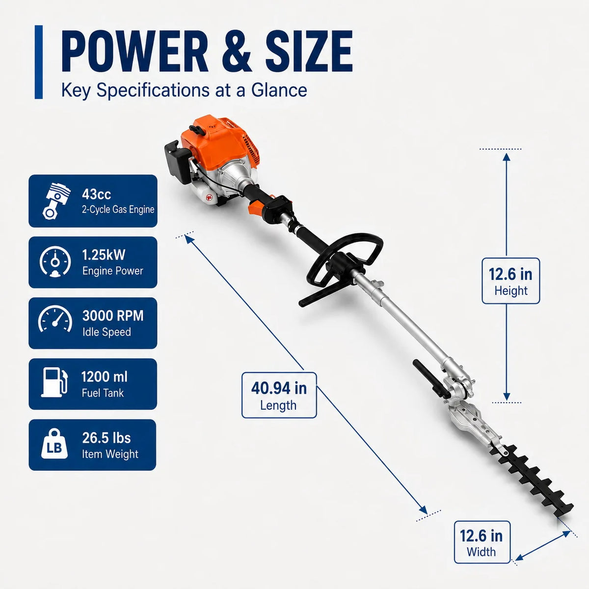 43cc Gas Hedge Trimmer 4 in 1 Garden Tool Long Reach Pole Trimmer Adjustable Cutting Head Brush Cutter Lawn Care Tool Quick Connect Attachment System