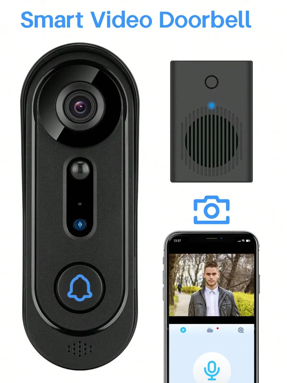 2.4GHz WiFi Video Doorbell with Indoor Chime, Weatherproof Home Security Camera, Two-Way Audio, Motion Detection & Mobile App Control