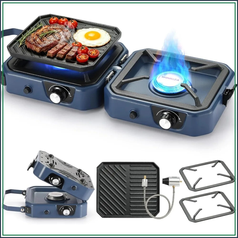 Portable 304 Stainless 2 Burner Propane Camp Stove With Griddle