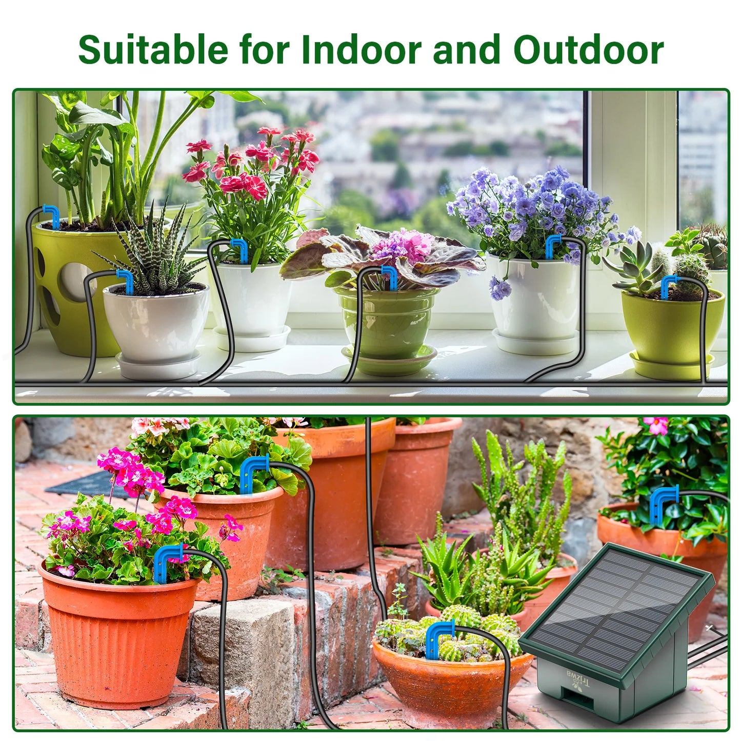 Solar Drip Irrigaton System,  Automatic Watering System with 300 Watering Programmes, Garden Watering Kit with 10M Hose&10 Drip Tips etc, Suitable for Vegetables/Potted Plants/Fruit Trees